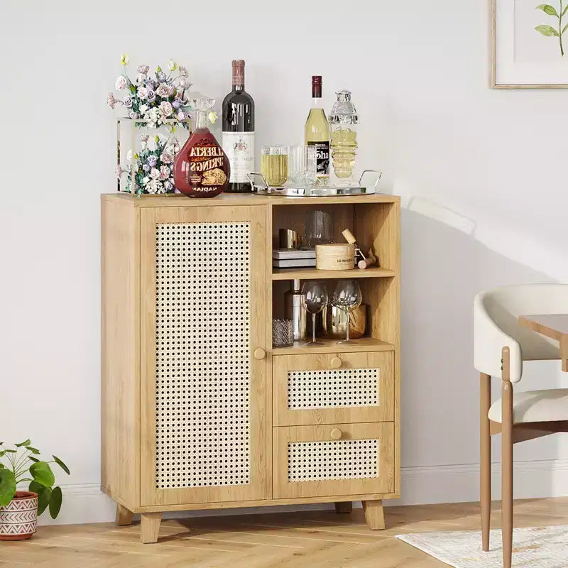 15" Rattan Sideboard – Adjustable Shelves & Smooth-Gliding Drawers, Natural Color