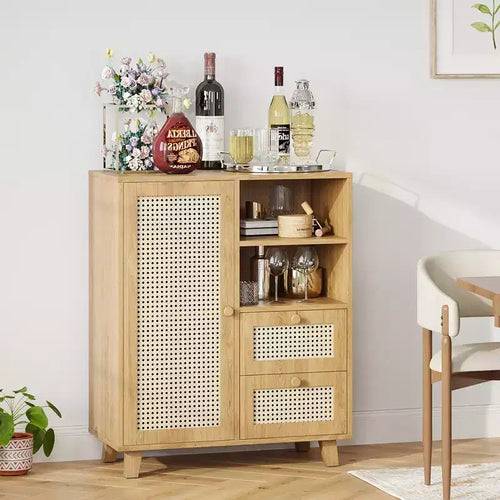15" rotan dressoir – verstelbare planken en soepel glijdende lades, natuurlijke kleur