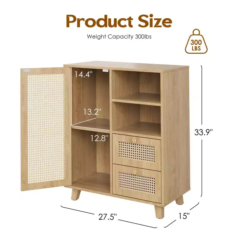 15" Rattan Sideboard – Adjustable Shelves & Smooth-Gliding Drawers, Natural Color
