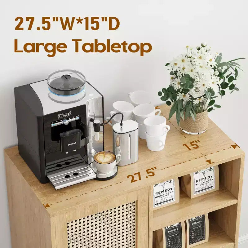 15" Rattan Sideboard – Adjustable Shelves & Smooth-Gliding Drawers, Natural Color