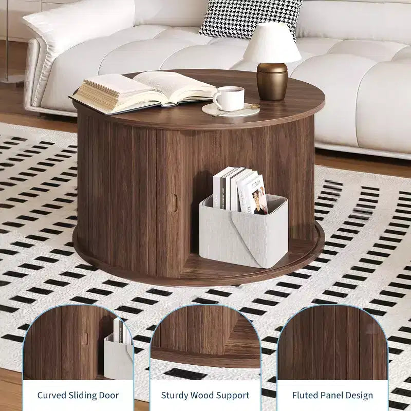 Mesa de centro redonda de mediados de siglo moderno de 28 con almacenamiento, mesa de acento acanalada con puerta corredera tambor para sala de estar