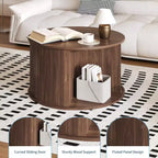 Mesa de centro redonda de mediados de siglo moderno de 28 con almacenamiento, mesa de acento acanalada con puerta corredera tambor para sala de estar