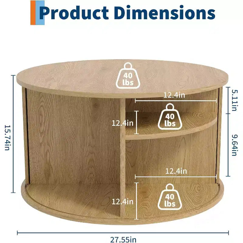 Mesa de centro redonda de mediados de siglo moderno de 28 con almacenamiento, mesa de acento acanalada con puerta corredera tambor para sala de estar