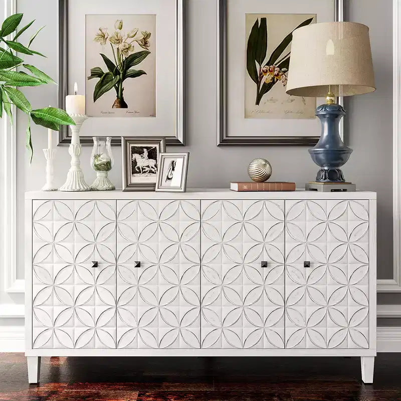 Moderne Houten Dressoir met 4 Deuren, Buffetkast met Verstelbare Planken & Vierkante Handgrepen voor Woon- en Eetkamer