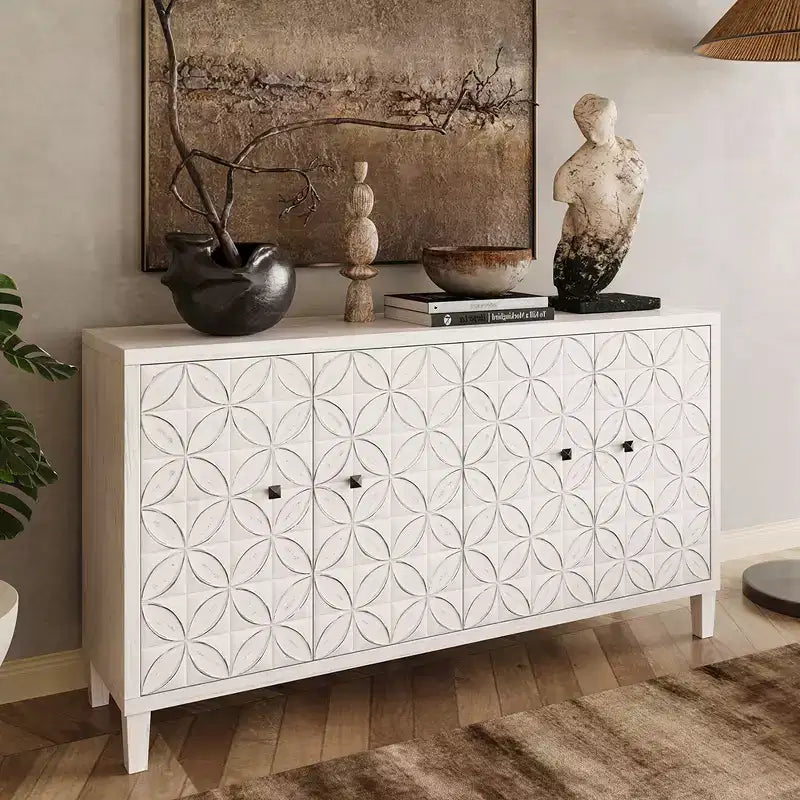 Moderne Houten Dressoir met 4 Deuren, Buffetkast met Verstelbare Planken & Vierkante Handgrepen voor Woon- en Eetkamer