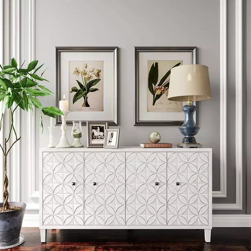 Moderne Houten Dressoir met 4 Deuren, Buffetkast met Verstelbare Planken & Vierkante Handgrepen voor Woon- en Eetkamer
