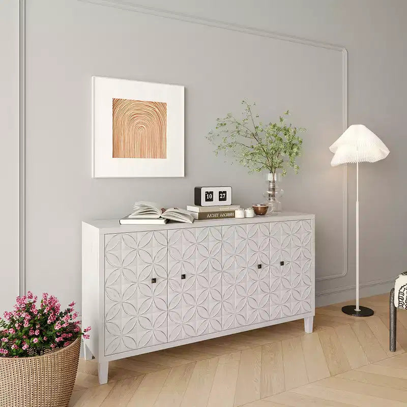 Moderne Houten Dressoir met 4 Deuren, Buffetkast met Verstelbare Planken & Vierkante Handgrepen voor Woon- en Eetkamer