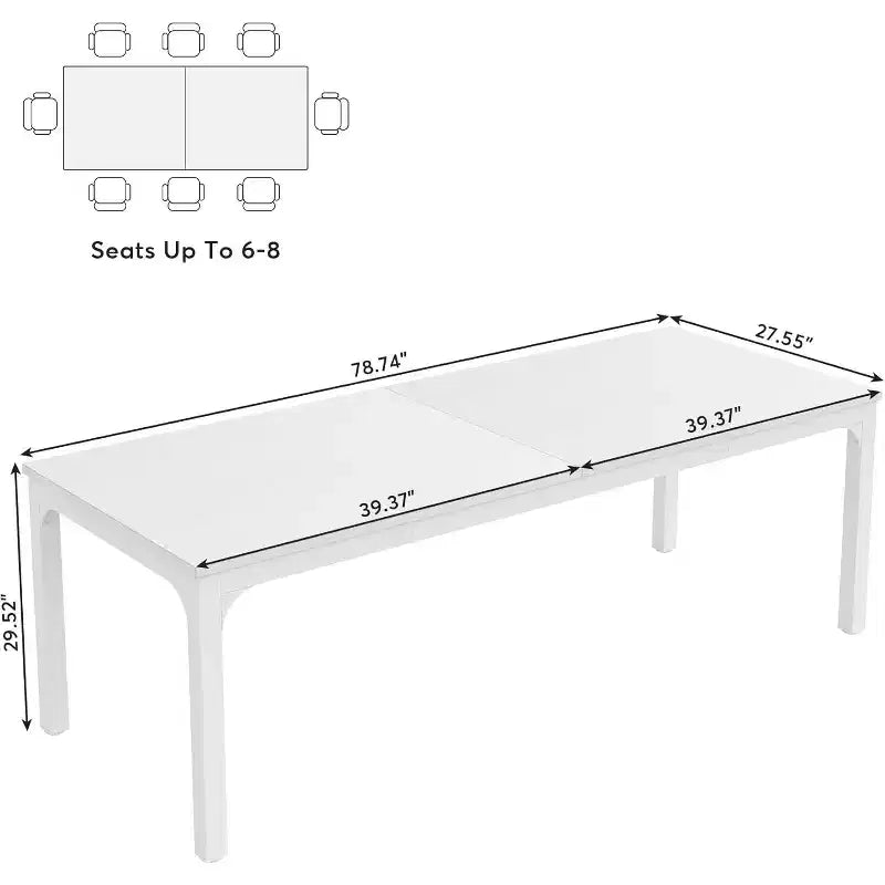 78" White Rectangular Dining Table – Seats 6–8, Large Kitchen & Dining Room Table