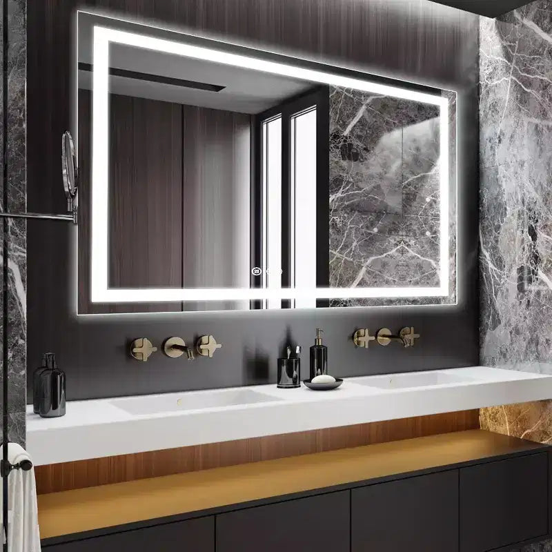 Specchio da bagno, specchio da parete dimmerabile in vetro temperato senza gradini con antiappannamento, infrangibile, memoria, 3 colori