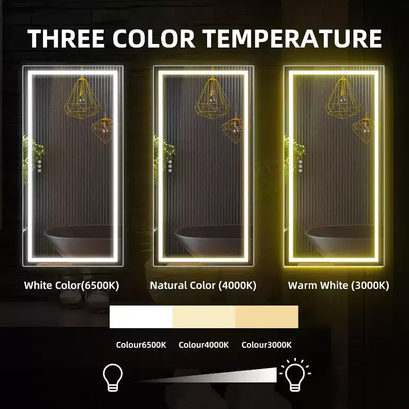Specchio da bagno, specchio da parete dimmerabile in vetro temperato senza gradini con antiappannamento, infrangibile, memoria, 3 colori