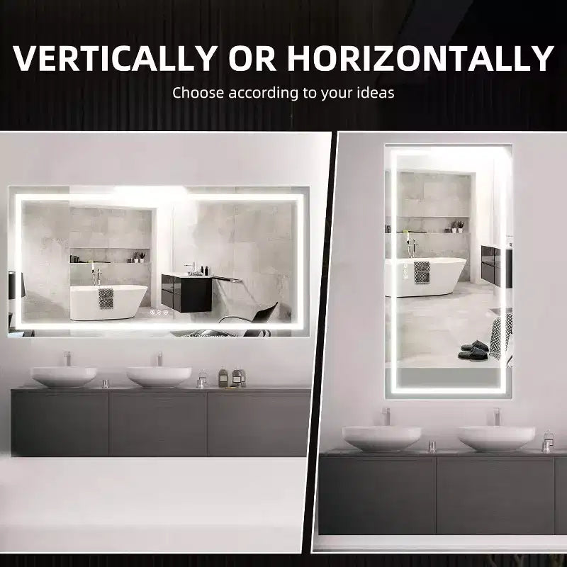 Specchio da bagno, specchio da parete dimmerabile in vetro temperato senza gradini con antiappannamento, infrangibile, memoria, 3 colori