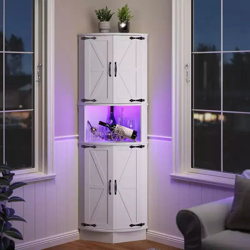 Gabinete de esquina estilo rústico de 65" con luz, gabinete de exhibición con puerta de granero, 5 estantes, organizador de espacio para sala de estar