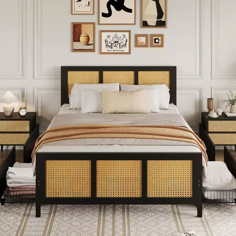 Boho Rattan Bettgestell mit Kopfteil, Rohrplattform, 4 große Aufbewahrungsschubladen, geräuschfreie starke Metalllatten, einfache Montage