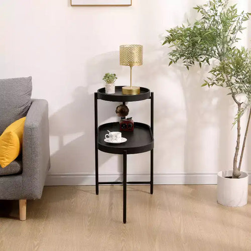 2-Laags Bijzettafel met Opberglade, Stevig Metalen Frame Salontafel voor Kleine Ruimtes, Slanke Nachtkast voor Bank, Woonkamer, Slaapkamer