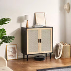 Rattan Storage Cabinet with 2 Magnetic Doors and Adjustable Shelves Sideboard Buffet Black
