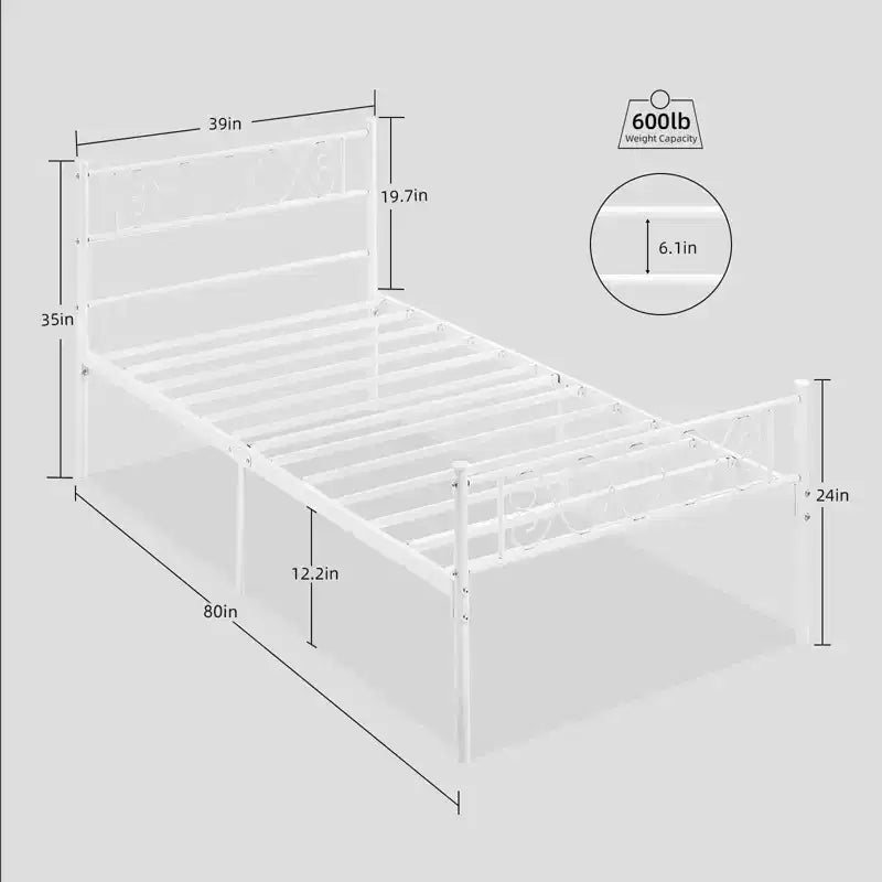 Cadre de lit plateforme en métal taille Full – tête et pied de lit, design classique en fer forgé