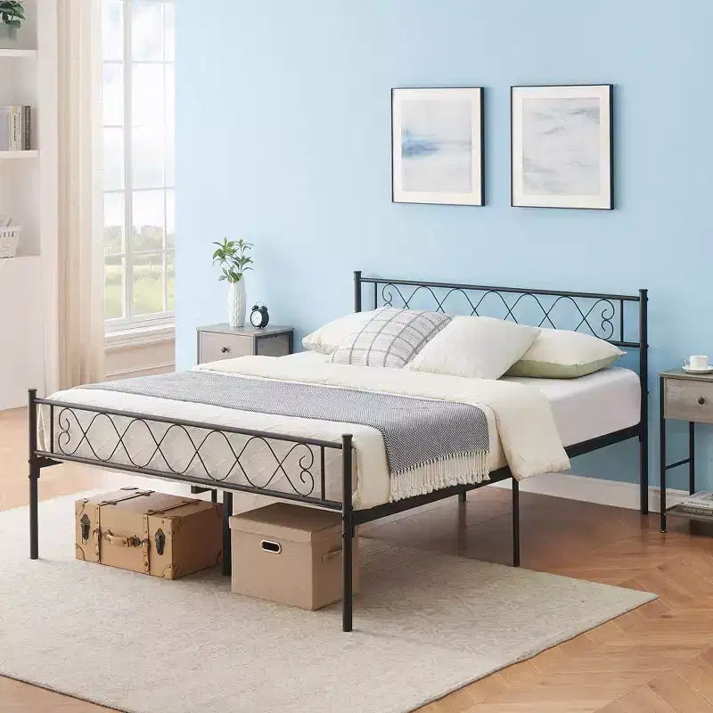 Full Size Metal Platform Bed Frame – Headboard & Footboard, Classic Iron-Art Design