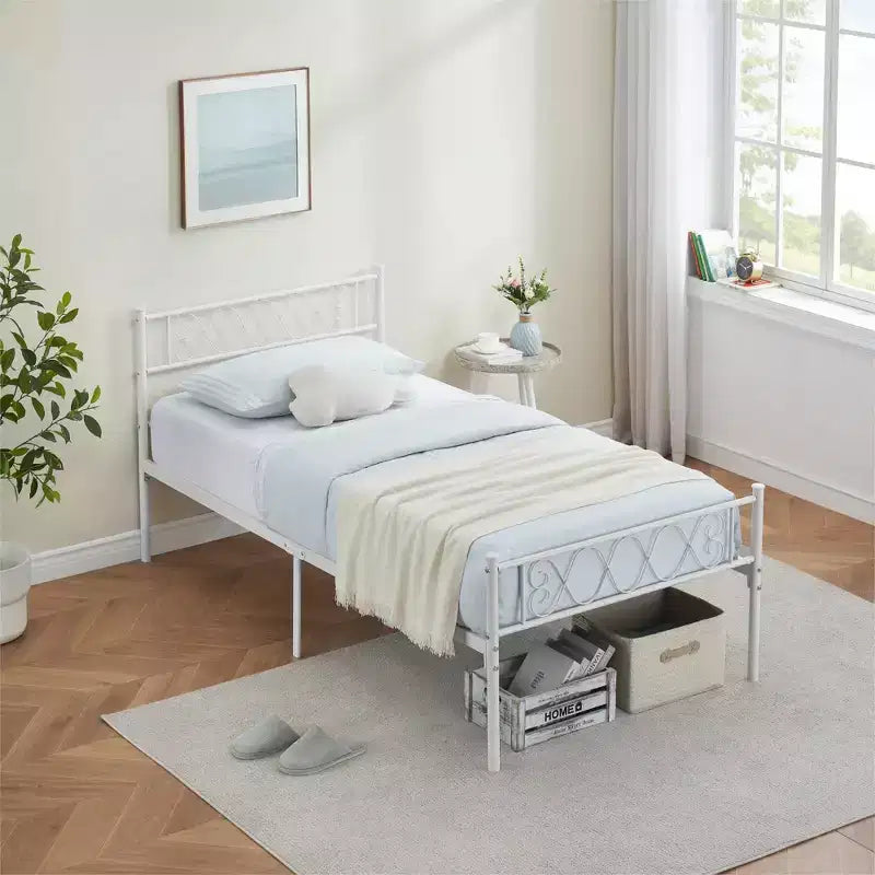 Full Size Metal Platform Bed Frame – Headboard & Footboard, Classic Iron-Art Design