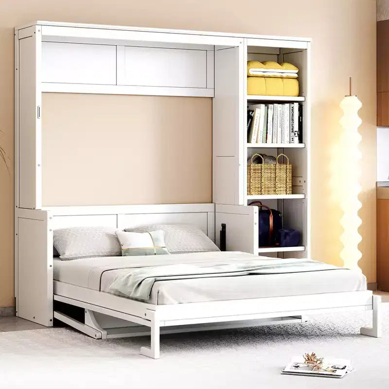 Lit escamotable Full/Queen avec bibliothèque, armoire en bois, lit mural avec bureau, lit pliant mural pour chambre d’amis ou bureau