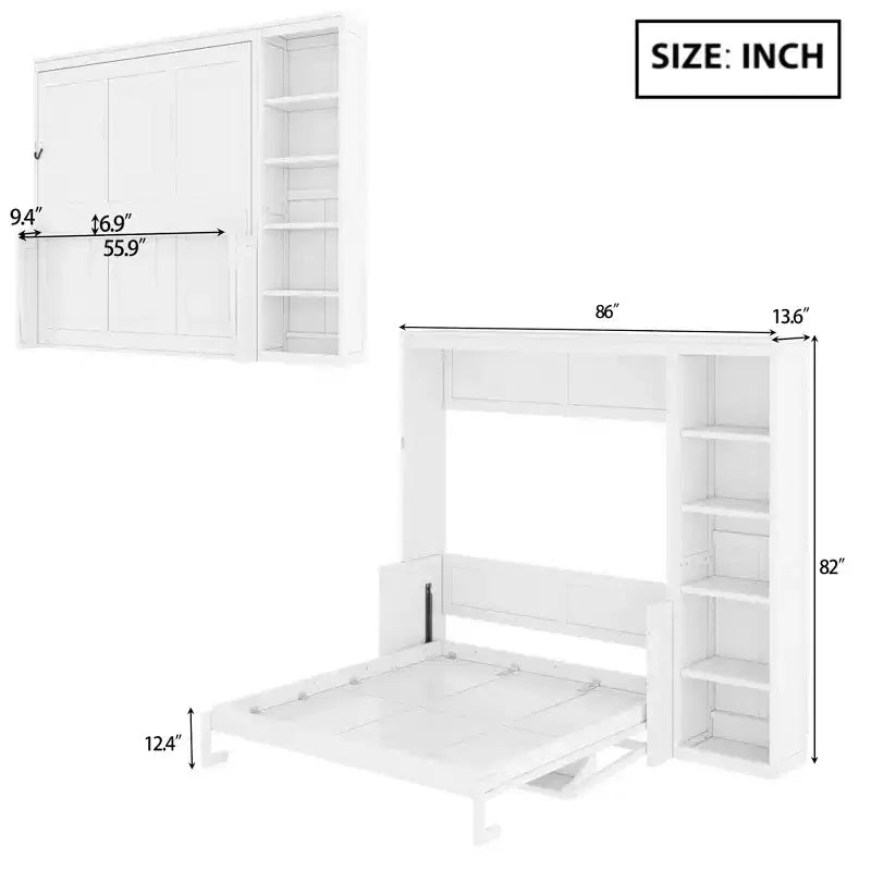 Lit escamotable Full/Queen avec bibliothèque, armoire en bois, lit mural avec bureau, lit pliant mural pour chambre d’amis ou bureau