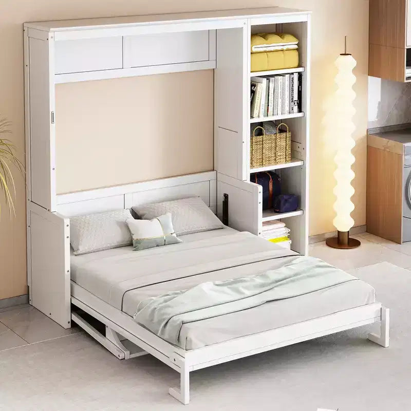 Lit escamotable Full/Queen avec bibliothèque, armoire en bois, lit mural avec bureau, lit pliant mural pour chambre d’amis ou bureau