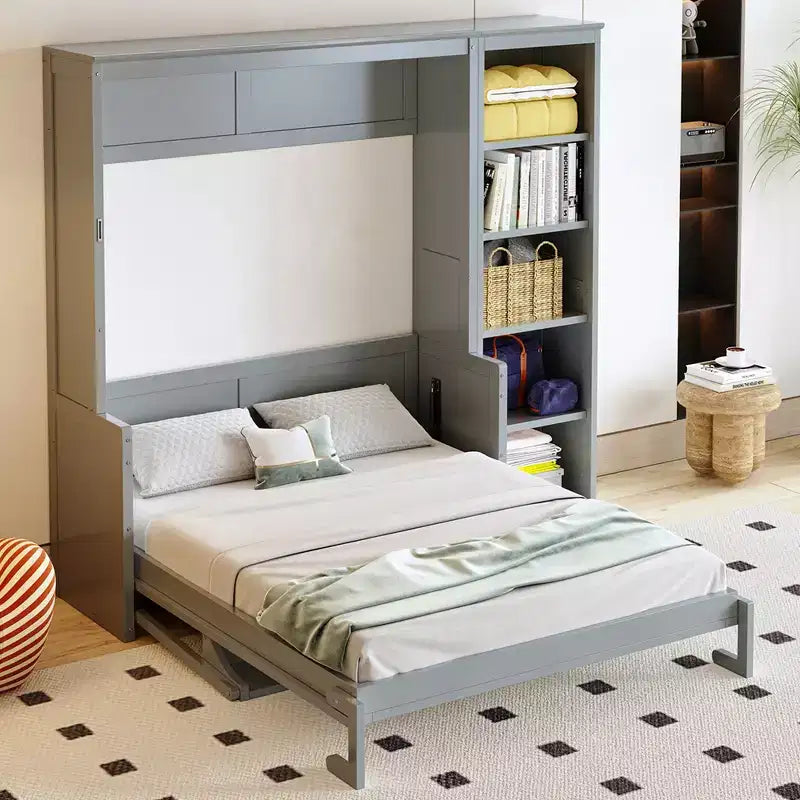 Lit escamotable Full/Queen avec bibliothèque, armoire en bois, lit mural avec bureau, lit pliant mural pour chambre d’amis ou bureau