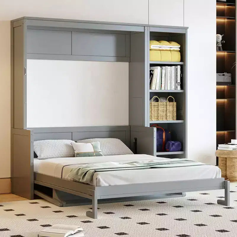 Lit escamotable Full/Queen avec bibliothèque, armoire en bois, lit mural avec bureau, lit pliant mural pour chambre d’amis ou bureau