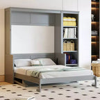Lit escamotable Full/Queen avec bibliothèque, armoire en bois, lit mural avec bureau, lit pliant mural pour chambre d’amis ou bureau