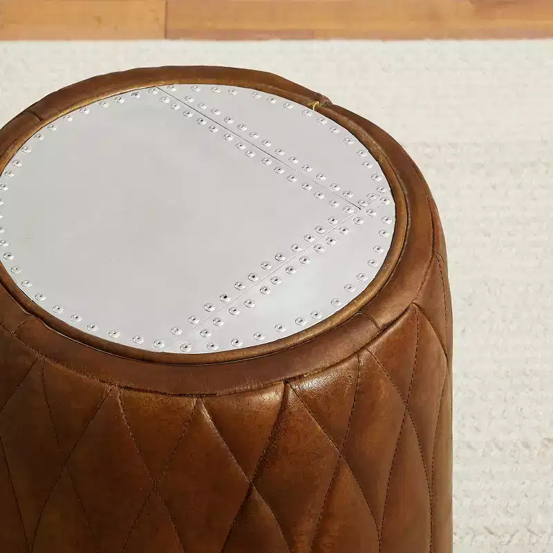 Pouf Multifunzionale Industriale in Vera Pelle e Alluminio