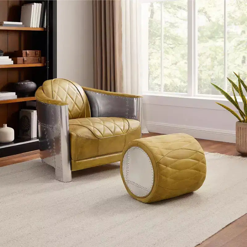 Pouf Multifunzionale Industriale in Vera Pelle e Alluminio