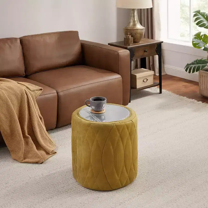 Pouf Multifunzionale Industriale in Vera Pelle e Alluminio