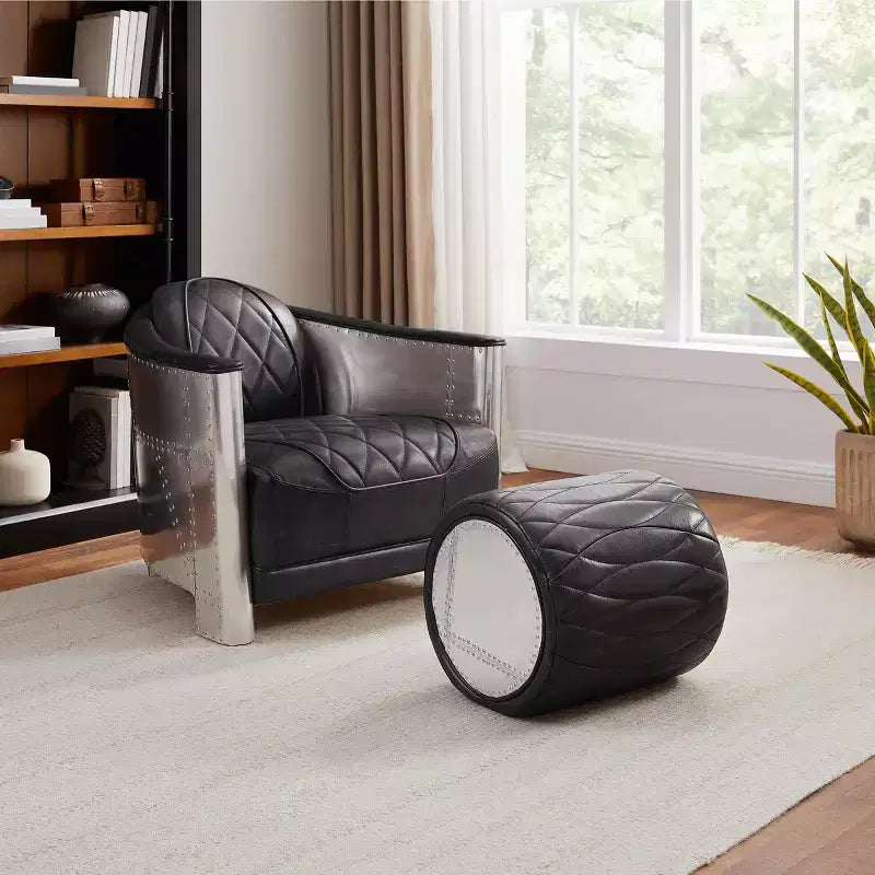 Industrial Genuine Leather & Aluminum Multi-Functional Ottoman