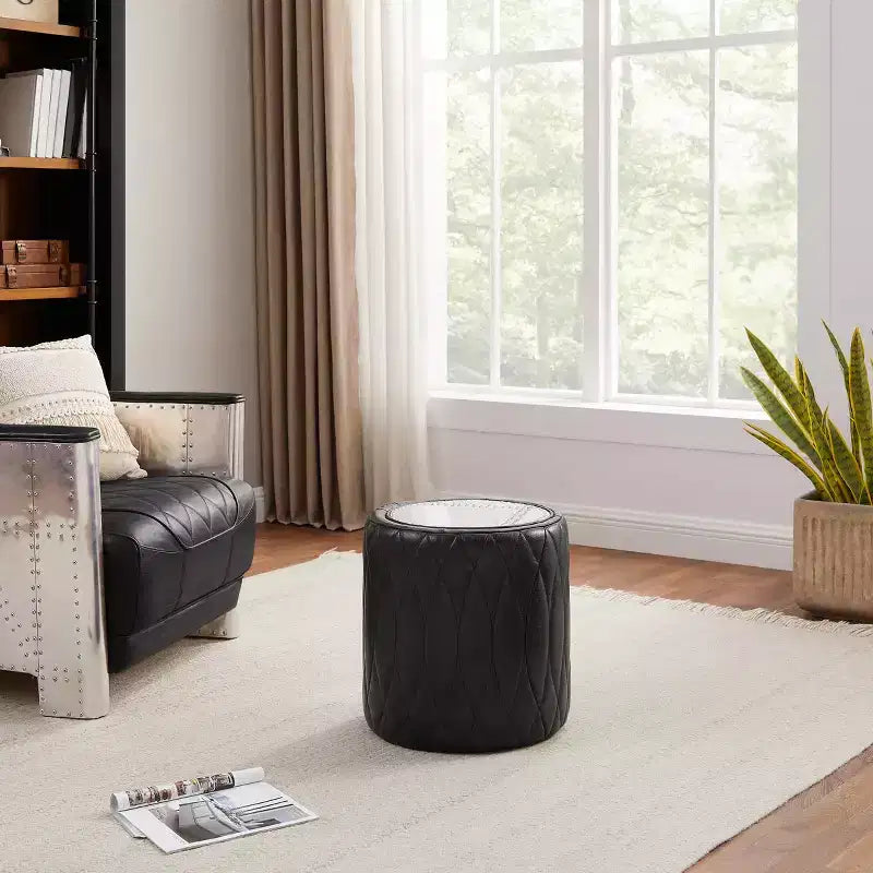 Pouf Multifunzionale Industriale in Vera Pelle e Alluminio