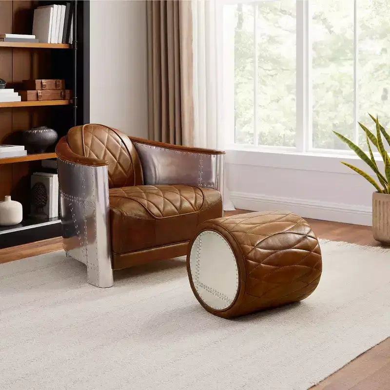 Pouf Multifunzionale Industriale in Vera Pelle e Alluminio