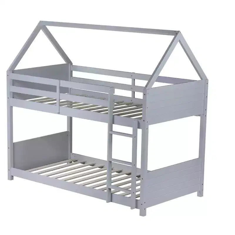 Litera de piso twin sobre twin con cabeceros y piecero para niños y adolescentes, estructura de litera en forma de casa de madera con barandilla y escalera
