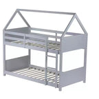 Litera de piso twin sobre twin con cabeceros y piecero para niños y adolescentes, estructura de litera en forma de casa de madera con barandilla y escalera