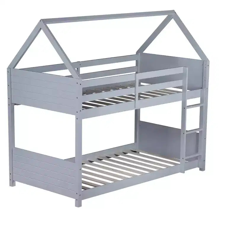 Litera de piso twin sobre twin con cabeceros y piecero para niños y adolescentes, estructura de litera en forma de casa de madera con barandilla y escalera