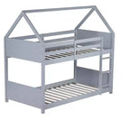Litera de piso twin sobre twin con cabeceros y piecero para niños y adolescentes, estructura de litera en forma de casa de madera con barandilla y escalera