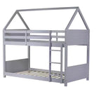 Litera de piso twin sobre twin con cabeceros y piecero para niños y adolescentes, estructura de litera en forma de casa de madera con barandilla y escalera