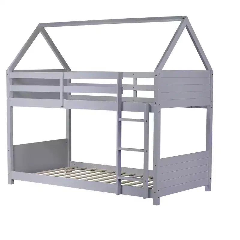 Litera de piso twin sobre twin con cabeceros y piecero para niños y adolescentes, estructura de litera en forma de casa de madera con barandilla y escalera