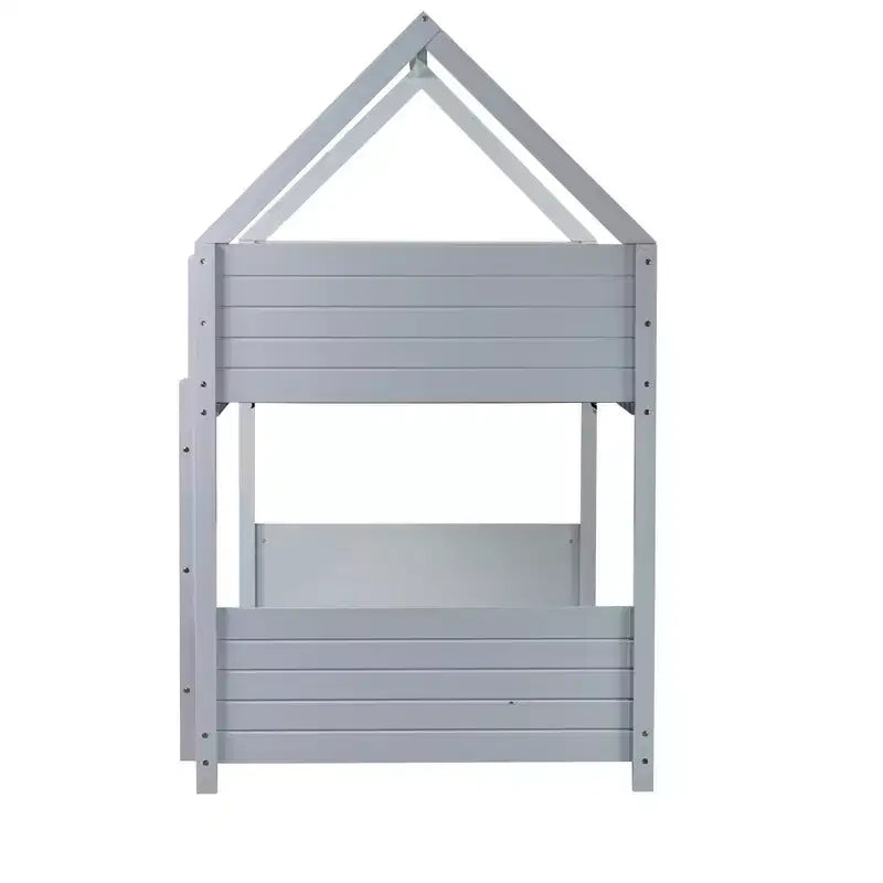 Litera de piso twin sobre twin con cabeceros y piecero para niños y adolescentes, estructura de litera en forma de casa de madera con barandilla y escalera