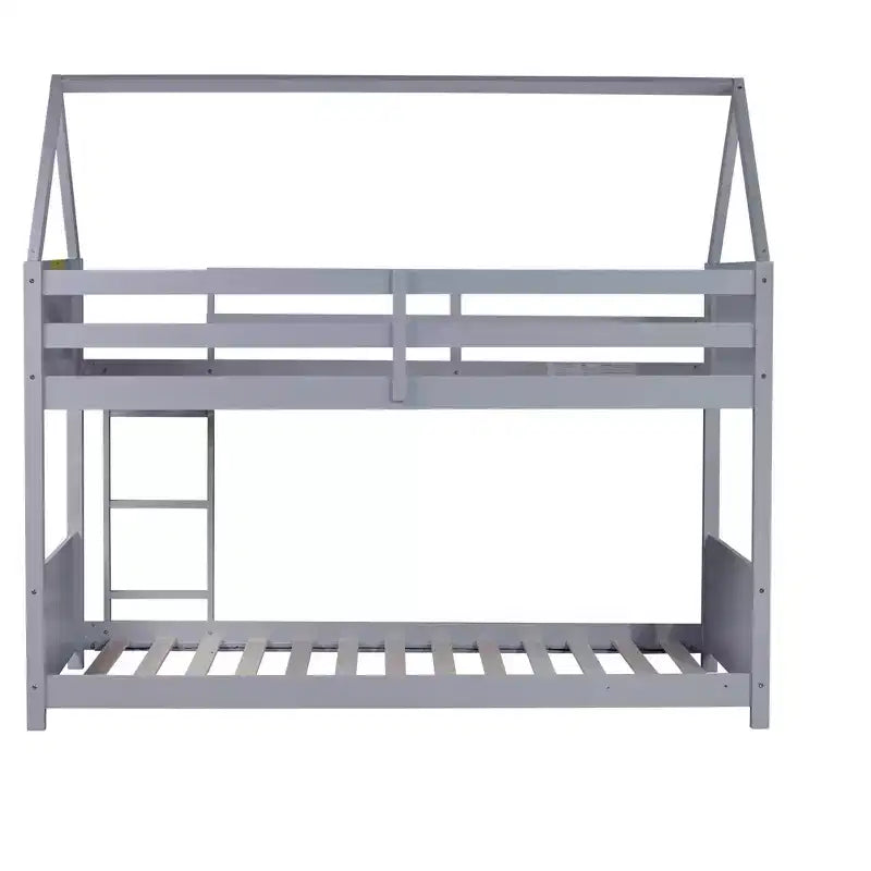 Litera de piso twin sobre twin con cabeceros y piecero para niños y adolescentes, estructura de litera en forma de casa de madera con barandilla y escalera