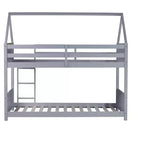 Litera de piso twin sobre twin con cabeceros y piecero para niños y adolescentes, estructura de litera en forma de casa de madera con barandilla y escalera