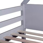 Litera de piso twin sobre twin con cabeceros y piecero para niños y adolescentes, estructura de litera en forma de casa de madera con barandilla y escalera