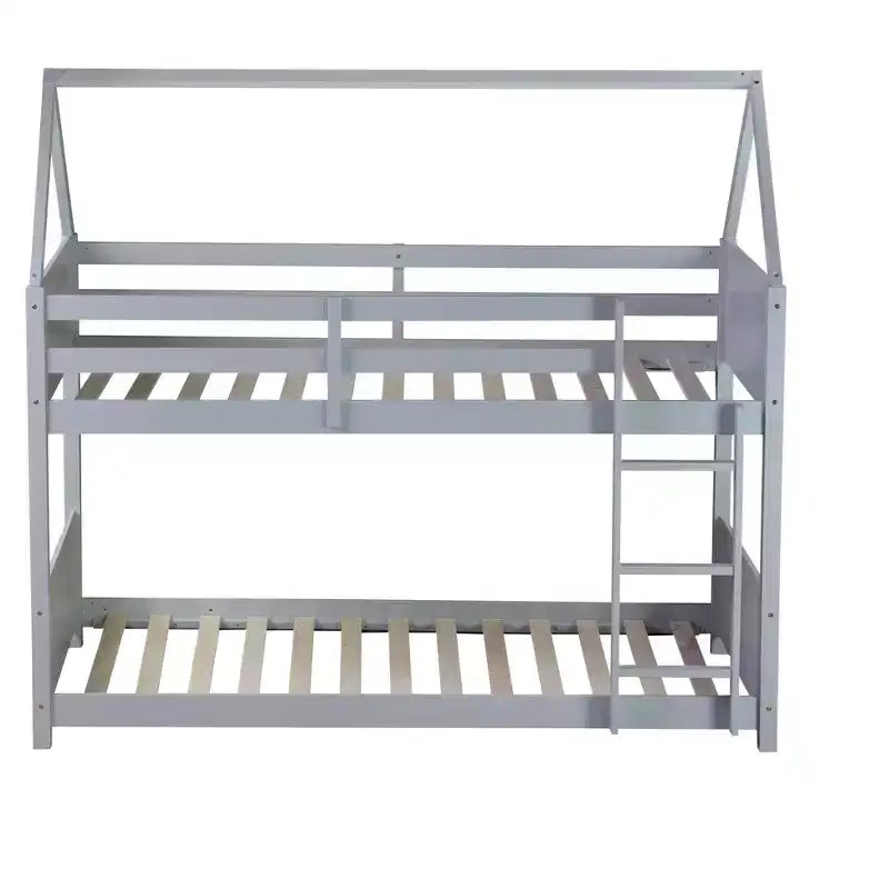 Litera de piso twin sobre twin con cabeceros y piecero para niños y adolescentes, estructura de litera en forma de casa de madera con barandilla y escalera
