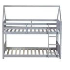 Litera de piso twin sobre twin con cabeceros y piecero para niños y adolescentes, estructura de litera en forma de casa de madera con barandilla y escalera