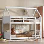 Litera de piso twin sobre twin con cabeceros y piecero para niños y adolescentes, estructura de litera en forma de casa de madera con barandilla y escalera