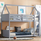 Litera de piso twin sobre twin con cabeceros y piecero para niños y adolescentes, estructura de litera en forma de casa de madera con barandilla y escalera