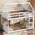 Litera de piso twin sobre twin con cabeceros y piecero para niños y adolescentes, estructura de litera en forma de casa de madera con barandilla y escalera