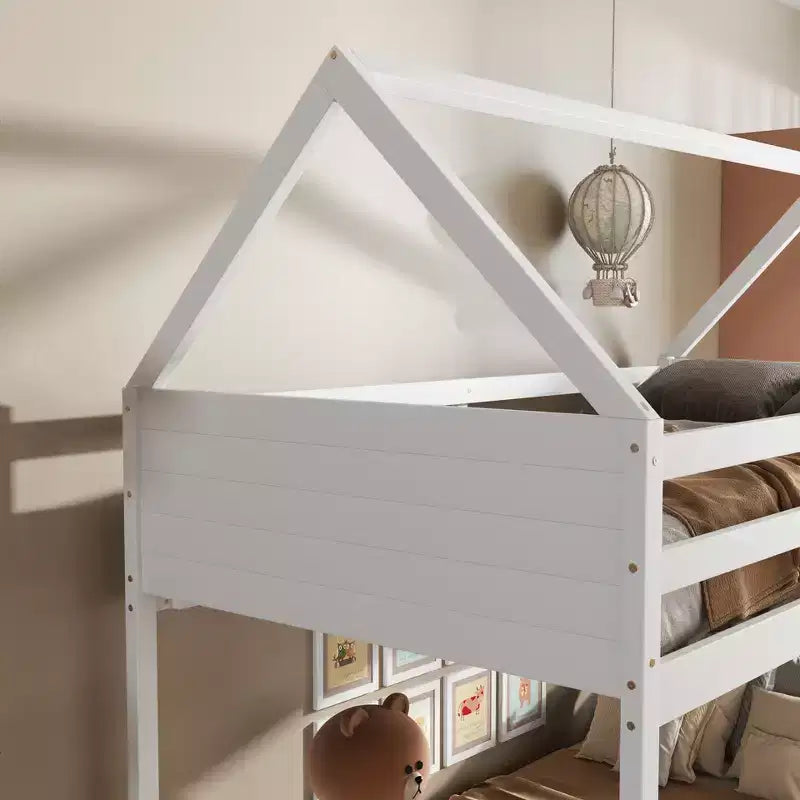 Litera de piso twin sobre twin con cabeceros y piecero para niños y adolescentes, estructura de litera en forma de casa de madera con barandilla y escalera
